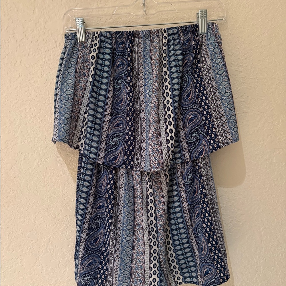 Blue and White Strapless Romper